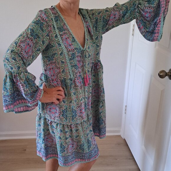 Bohemian Style Print Dress Bell Sleeve V-Neck Tassels Ribbon Made in India OS - Picture 13 of 14